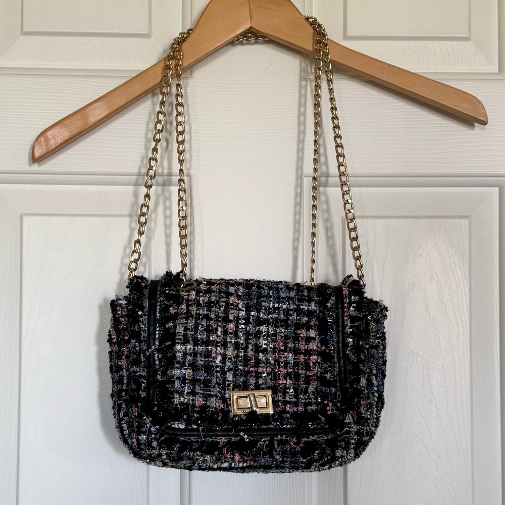 Metallic tweed chain-handle shoulder bag